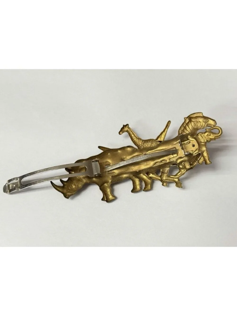 Stampede Safari Hair Clip 5” Barrette Brass Made in France Rhino Zebra Elephant